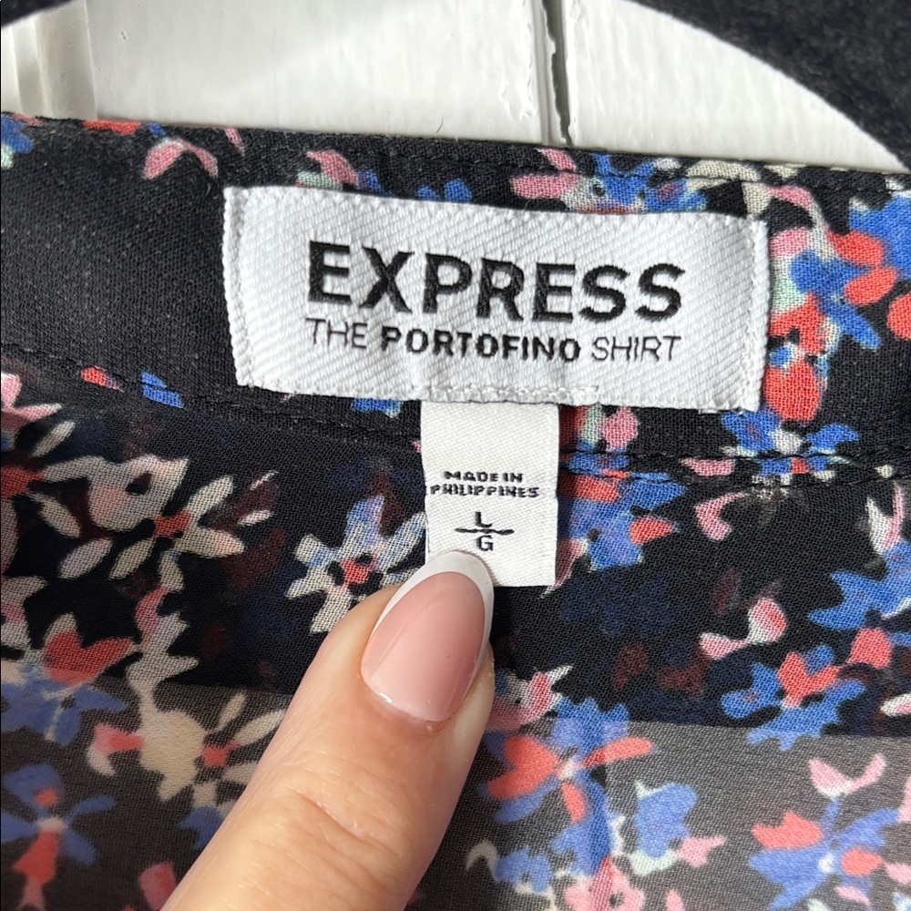 Express Black Sheer Floral Blouse with Blue, Cream and Pink Accents. Sz L - Picture 2 of 7